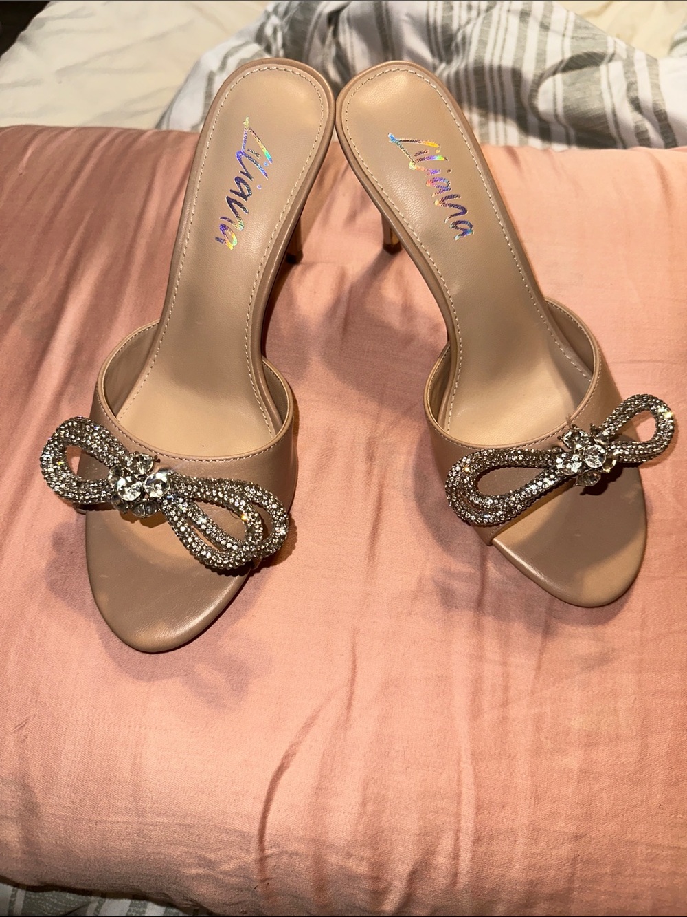 Liliana Nude Crystal Bow Slide Heels